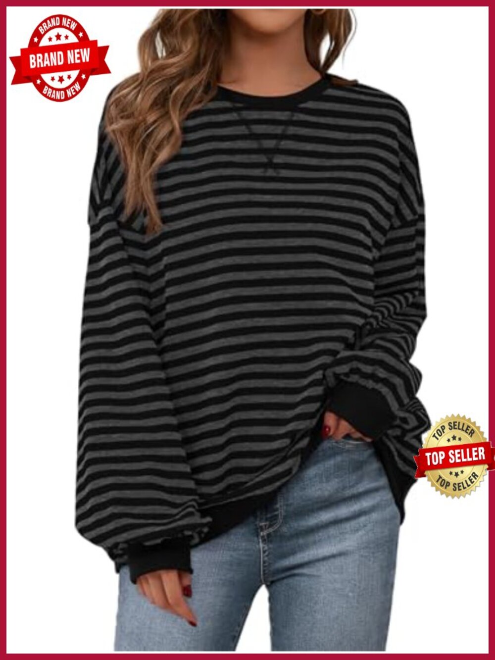 Women's Oversized Striped Crewneck Sweatshirt Cotton Blend Stitch Detail